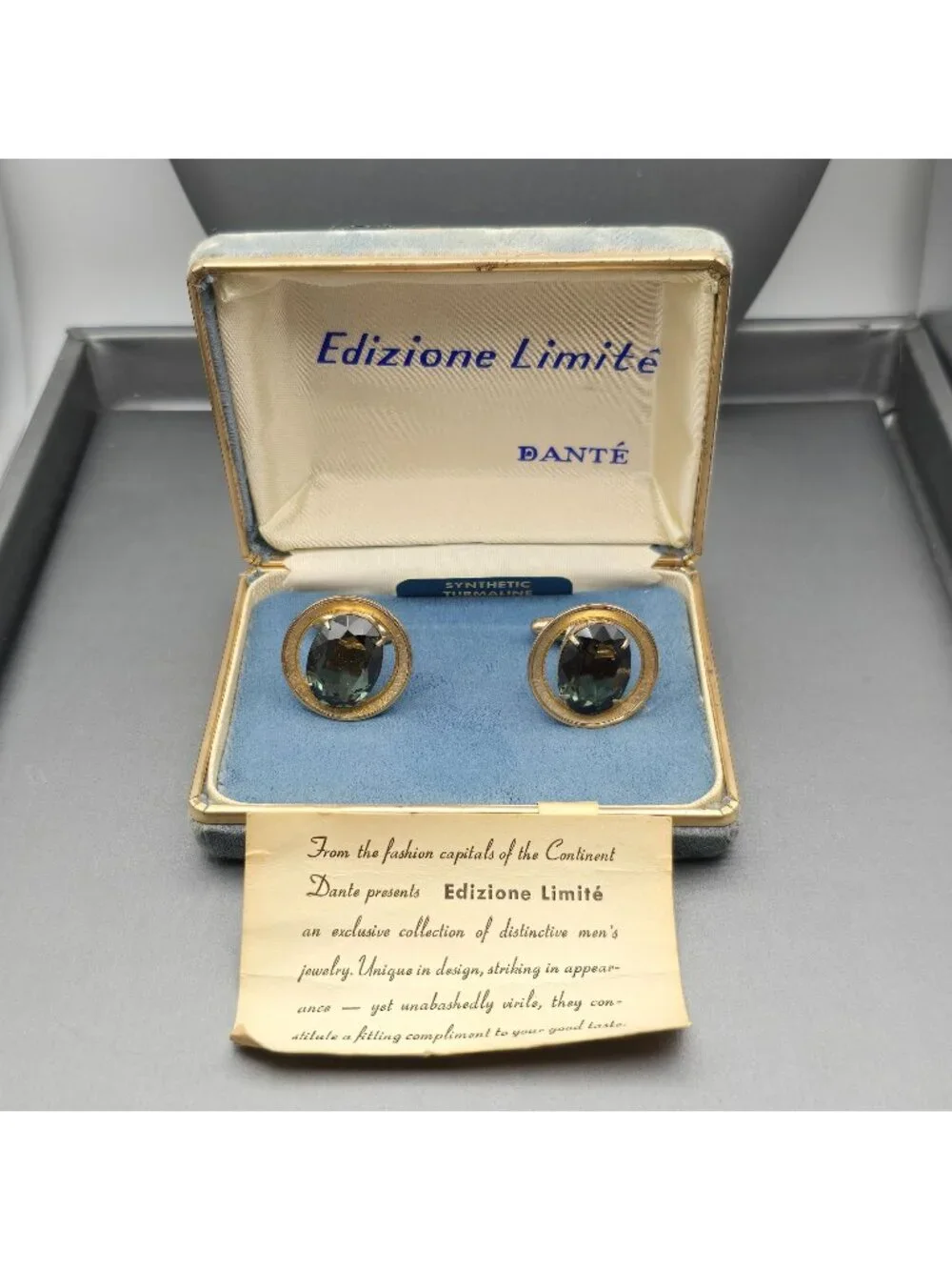 Vintage Dante Edizione Limité Tourmaline Gold Tone Cufflinks NOS Formal Jewelry